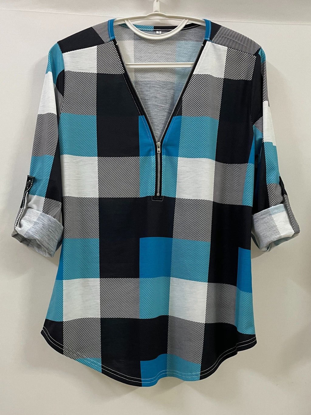 Plaid Print Half-Zipper Blouse - ATSProducts