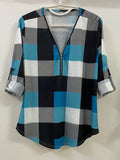 Plaid Print Half-Zipper Blouse - ATSProducts
