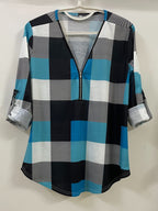 Plaid Print Half-Zipper Blouse - ATSProducts
