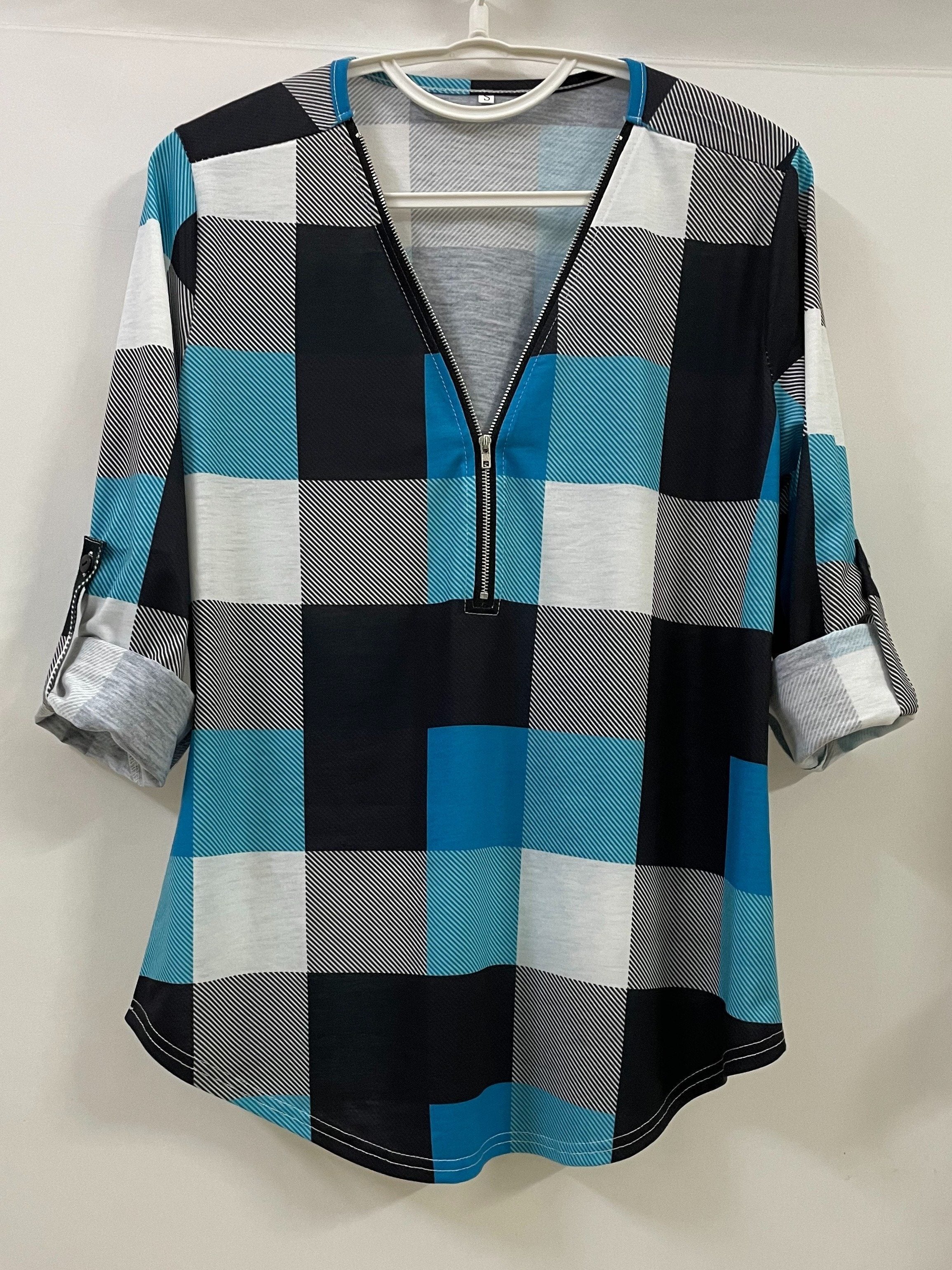 Plaid Print Half-Zipper Blouse - ATSProducts