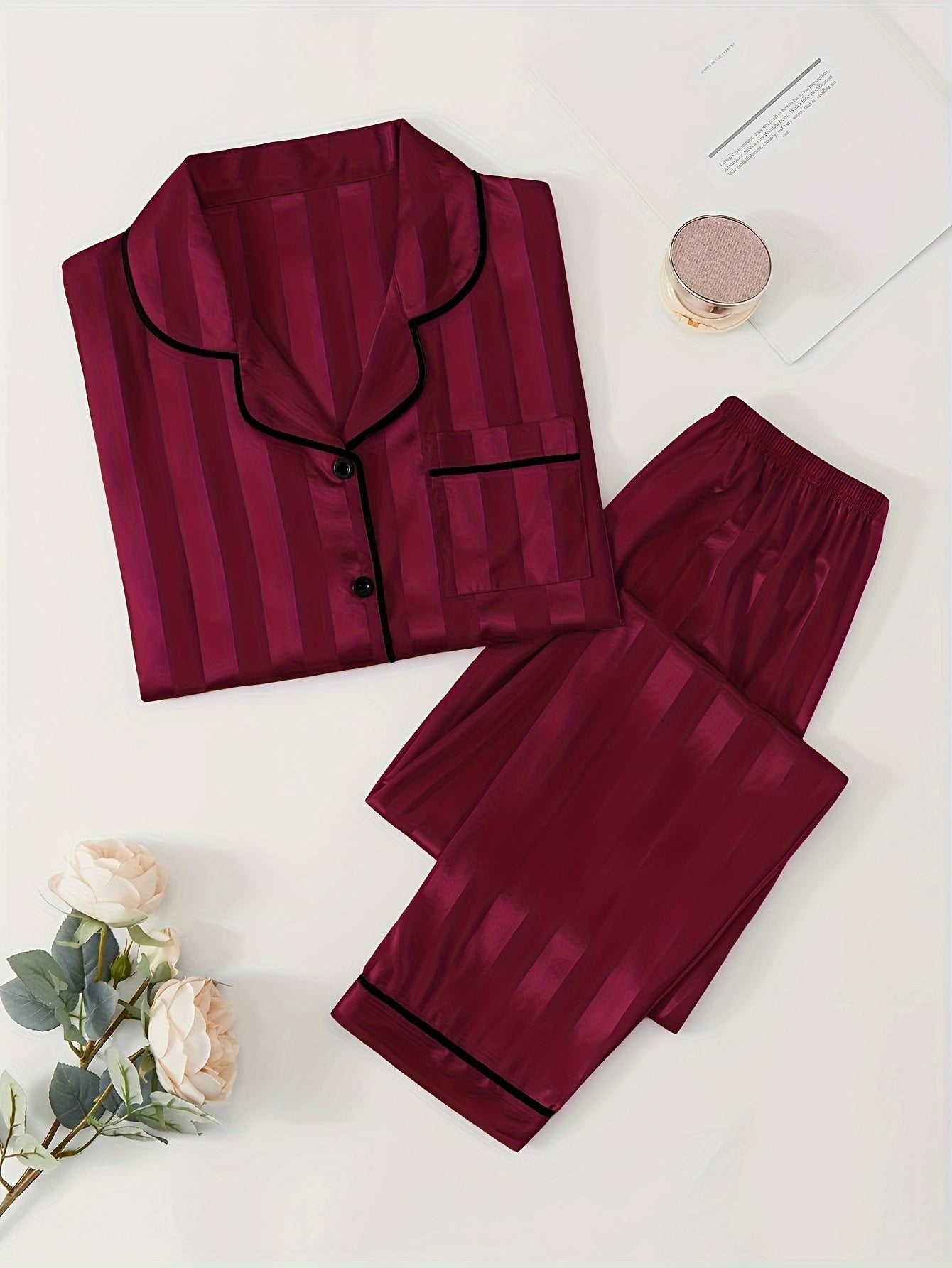 Striped Satin Pajamas With Buttons - ATSProducts