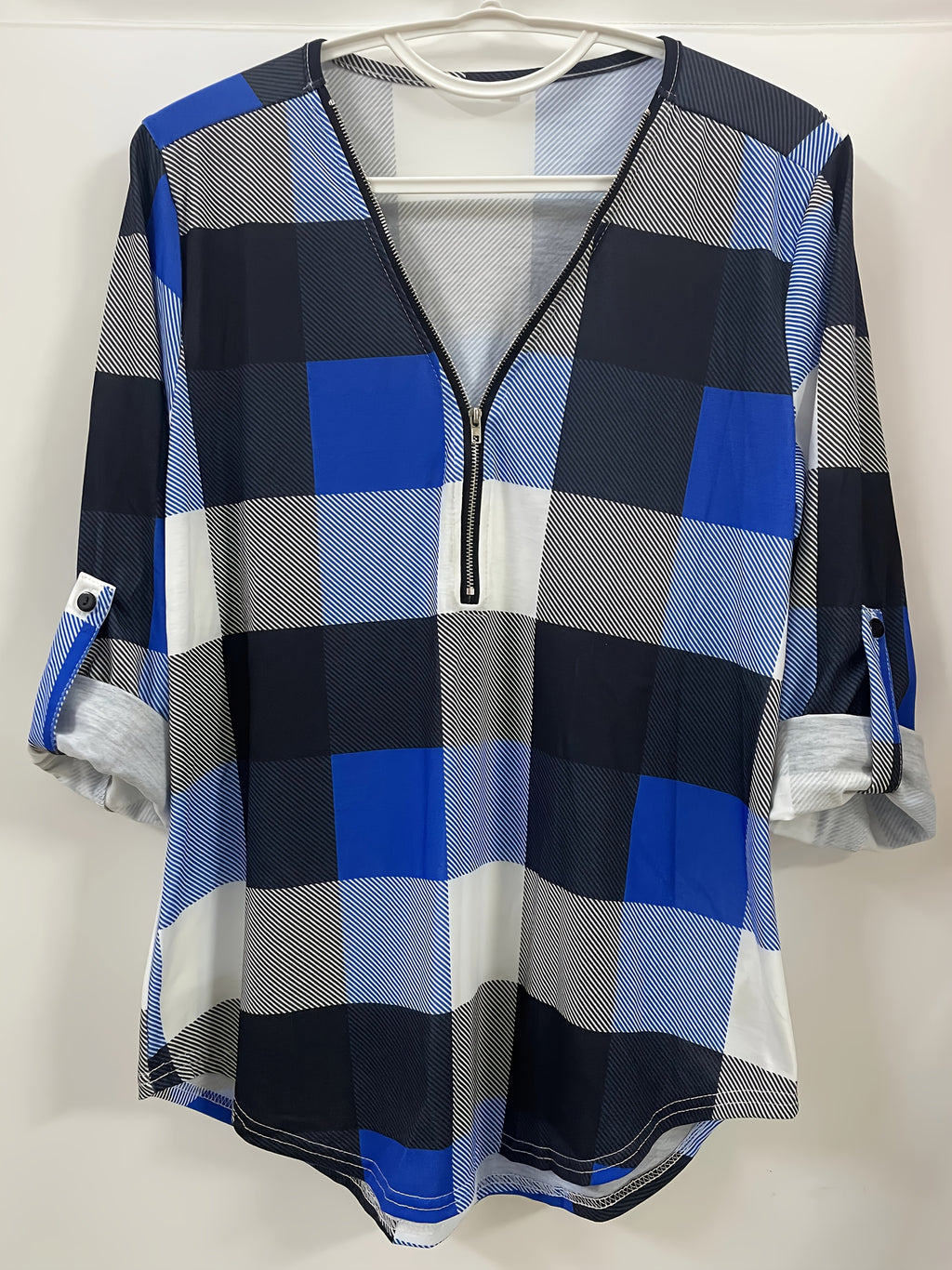 Plaid Print Half-Zipper Blouse - ATSProducts