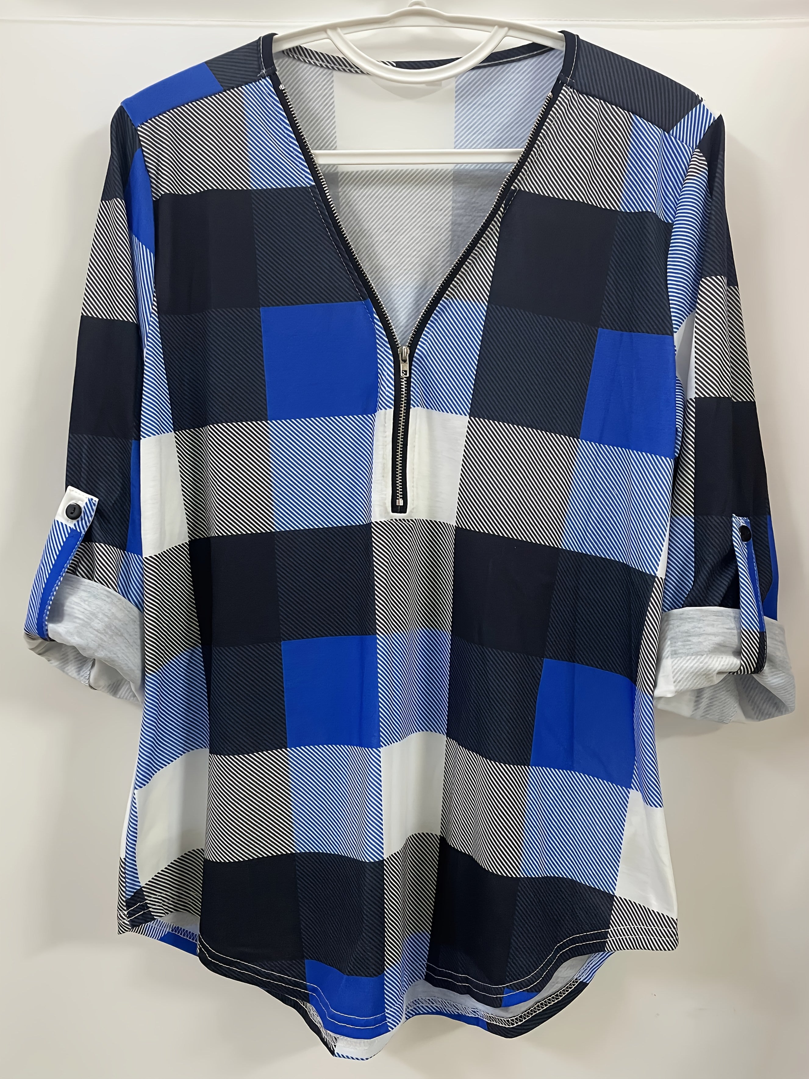 Plaid Print Half-Zipper Blouse - ATSProducts